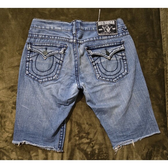 True Religion Shorts Men's 36 Blue Denim Distressed Grunge Biker 5 Pocket - Picture 2 of 4